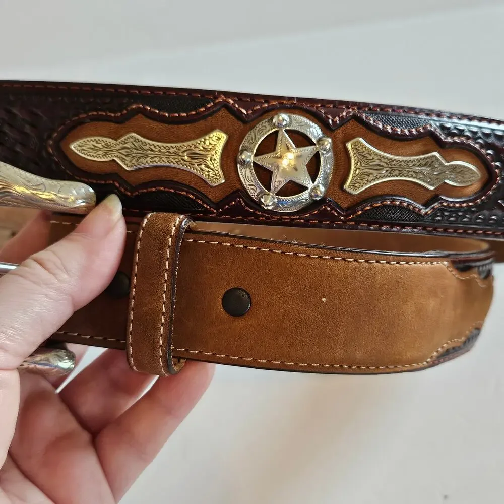 Justin Brown Odessa Star Leather Belt Men's 48‎ Vintage 90's Rodeo Western